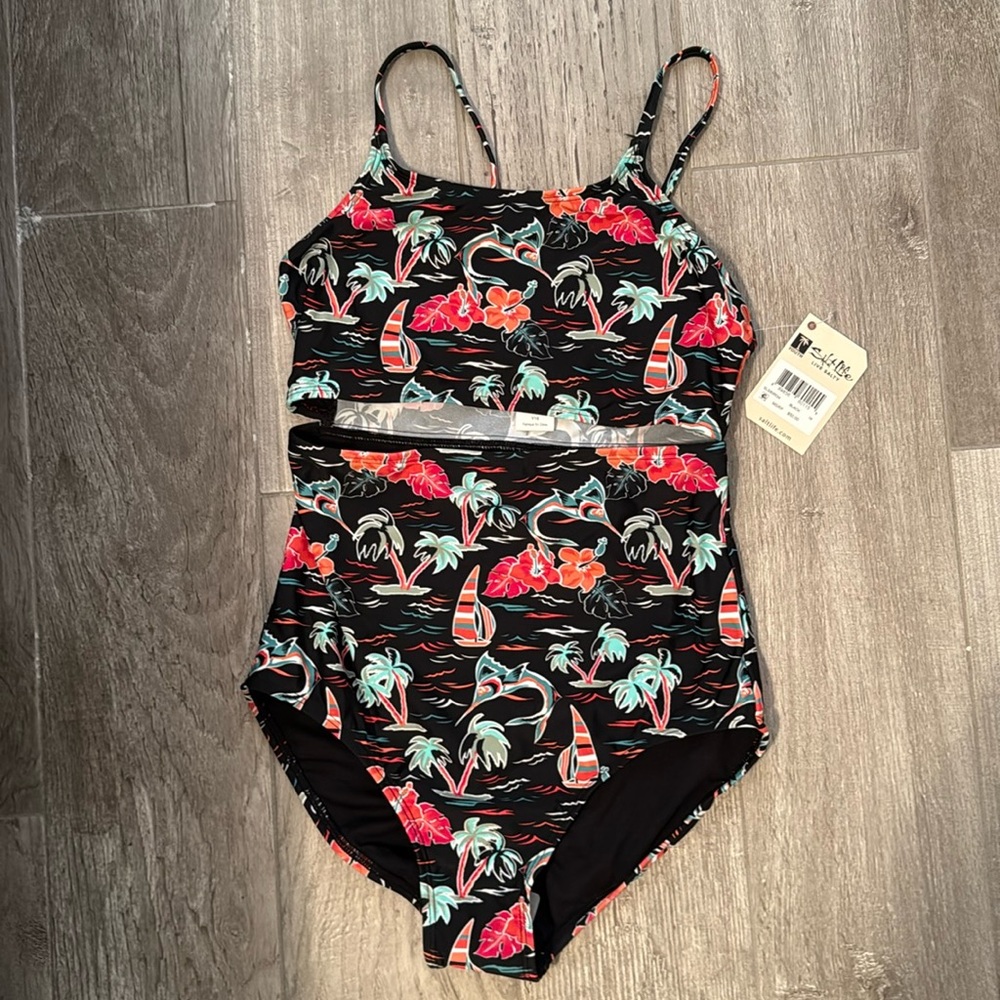 Salt Life One Piece with 2 piece look Girls NWTs Black Tropical Palm Trees